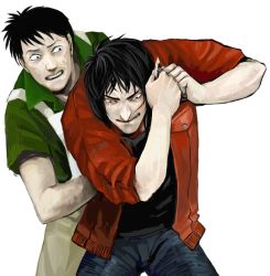Rule 34 | 2boys, :o, cowboy shot, denim, itou kaiji, jacket, jeans, kaiji, leaning forward, long sleeves, multiple boys, open clothes, open jacket, open mouth, overalls, pants, shirt, simple background, sleeves pushed up, surprised, t-shirt, teeth, white background, wide-eyed