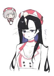 2girls anger_vein beret black_hair breasts chibi chibi_inset choker cleavage collarbone colored_inner_hair crop_top eunhwa_(nikke) food food_on_face food_on_head goddess_of_victory:_nikke grey_hair hat highres lia_(pzvs3887) long_hair looking_at_viewer medium_breasts multicolored_hair multiple_girls object_on_head purple_eyes purple_hair shirt short_hair sleeveless sleeveless_shirt vesti_(nikke) white_shirt