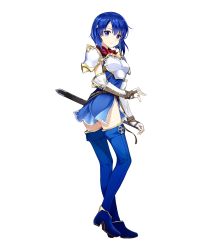 Rule 34 | 1girl, amagai tarou, armor, ass, belt, blue eyes, blue footwear, blue hair, blue thighhighs, boots, breastplate, catria (fire emblem), dress, elbow gloves, female focus, fingerless gloves, fire emblem, fire emblem: mystery of the emblem, fire emblem heroes, from side, full body, gloves, headband, highres, looking at viewer, looking back, matching hair/eyes, nintendo, official art, sheath, short dress, short hair, shoulder pads, smile, solo, sword, thigh boots, thighhighs, transparent background, weapon, white gloves, zettai ryouiki