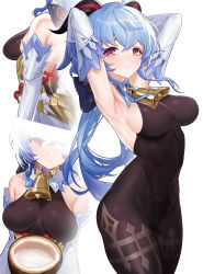 Rule 34 | 1girl, ahoge, armpits, arms behind head, arms up, back bow, bare shoulders, bareback, bell, black pantyhose, blue hair, bow, breasts, closed mouth, coconut, cowbell, curled horns, detached collar, detached sleeves, flower knot, ganyu (genshin impact), genshin impact, hair between eyes, highres, horns, large breasts, leotard, long hair, long sleeves, looking at viewer, multiple views, pantyhose, pelvic curtain, purple eyes, puuy8282, sideboob, sidelocks, standing