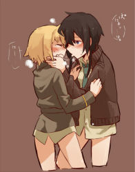 Rule 34 | 2girls, :p, black hair, blonde hair, blue eyes, blush, brown background, chikiso, closed eyes, cropped legs, dominica s. gentile, jane t. godfrey, military, military uniform, multiple girls, saliva, saliva trail, short hair, strike witches, strike witches: kurenai no majo-tachi, tongue, tongue out, uniform, world witches series, yuri
