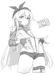 Rule 34 | 1girl, bandaid, bandaid on cheek, bandaid on face, blush, breasts, character name, fingerless gloves, girls&#039; frontline, gloves, greyscale, groin, hair between eyes, head scarf, highres, leotard, leotard pull, leotard under clothes, long hair, long sleeves, lowleg, mod3 (girls&#039; frontline), monochrome, short shorts, shorts, simple background, small breasts, solo, thigh strap, very long hair, xm3 (girls&#039; frontline), xm3 (mod3) (girls&#039; frontline), zipper, zzzearly