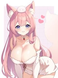 Rule 34 | 1girl, :3, all fours, animal ear fluff, animal ears, bare shoulders, blue eyes, blush, breasts, choker, cleavage, closed mouth, collarbone, commentary, commission, detached sleeves, dress, food, fox ears, fox tail, heart, highres, indie virtual youtuber, large breasts, long hair, long sleeves, looking at viewer, mis705313, mochi, mochiimochii (vtuber), pink hair, skeb commission, solo, strapless, strapless dress, tail, virtual youtuber, white choker