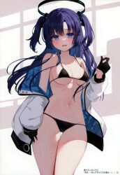 Rule 34 | 1girl, absurdres, bare shoulders, bikini, black bikini, black gloves, blue archive, blue eyes, blue hair, breasts, collarbone, etesumsom, floating, floating object, gloves, hair ornament, halo, highres, jacket, long hair, long sleeves, looking at viewer, medium breasts, navel, off shoulder, open clothes, open jacket, open mouth, page number, scan, stomach, swimsuit, thighs, twintails, yuuka (blue archive)