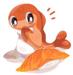 Rule 34 | animal focus, artist name, black eyes, colored skin, commentary request, creatures (company), fish, food, forked tail, game freak, highres, iwasi 29, nintendo, no humans, notice lines, orange skin, pokemon, pokemon (creature), rice, salmon, simple background, sushi, tail, tatsugiri, tatsugiri (curly), twitter username, white background