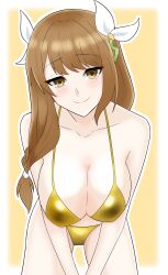 Rule 34 | 1girl, alternate costume, bare shoulders, bikini, breasts, brown hair, collarbone, fire emblem, fire emblem engage, gold bikini, goldmary (fire emblem), hair ornament, highres, large breasts, looking at viewer, low ponytail, maplesugar7324, nintendo, ribbon, smile, solo, swimsuit, white ribbon, yellow eyes