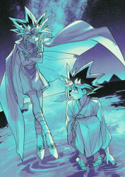 Rule 34 | 2boys, armlet, atem, black hair, bracelet, cape, commentary request, crossed arms, dyed bangs, eye contact, floating cape, fushitasu, jewelry, looking at another, looking back, looking down, male focus, multiple boys, muto yugi, night, outdoors, ripples, sandals, sky, spiked hair, squatting, standing, star (sky), tiptoes, toes, water, yu-gi-oh!, yu-gi-oh! duel monsters