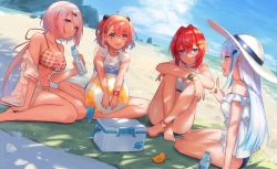 Rule 34 | 4girls, :d, ahoge, ange katrina, anklet, ball, bare shoulders, beach, beach towel, beachball, bikini, bird, blouse, blue eyes, blue nails, blue sky, blunt bangs, bottle, bracelet, breasts, cloud, cooler, crossed bangs, crossed legs, day, fang, hair behind ear, hair between eyes, hair intakes, hair ornament, hair ribbon, hairclip, half updo, halterneck, hat, highres, holding, holding bottle, index finger raised, indian style, jewelry, knees up, large breasts, legs together, light smile, lize helesta, long hair, looking at another, lotion, low ponytail, medium hair, multicolored hair, multiple girls, nail polish, nijisanji, ocean, on ground, open mouth, outdoors, pink eyes, pink hair, plaid, plaid bikini, red bikini, red hair, red ribbon, ribbon, sand, sasaki saku, sebastian piyodore, see-through, shade, shiina yuika, shirt, shore, short hair, sitting, skin fang, sky, small breasts, smile, stomach, streaked hair, sun hat, sunscreen, swimsuit, teeth, towel, two side up, upper teeth only, usuke (u skeeep), very long hair, virtual youtuber, wariza, water bottle, wet, wet clothes, wet shirt, white hair, white headwear, white shirt, wristband, yokozuwari