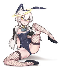 Rule 34 | + +, 1girl, animal ears, aqua ascot, arm behind back, ascot, black footwear, black gloves, blue hairband, blue leotard, breasts, cameltoe, covered navel, crossed bangs, fake animal ears, fingerless gloves, fishnet thighhighs, fishnets, full body, gloves, hair between eyes, hairband, halo, highres, leg up, leotard, nipples, nyong nyong, one breast out, open mouth, original, playboy bunny, rabbit ears, shadow, shoes, short hair, simple background, skindentation, small breasts, solo, spread legs, strapless, strapless leotard, thighhighs, thighs, triangle mouth, white background, white hair, wrist cuffs, yellow eyes