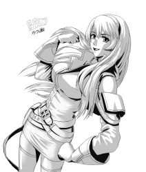 Rule 34 | 1girl, artist name, belt, clenched hand, floating hair, gloves, greyscale, hair over shoulder, hairband, hand on own hip, highres, muv-luv: dimensions, irisdina bernhard, jacket, looking at viewer, monochrome, muv-luv, muv-luv alternative, open mouth, pencil skirt, popgun (22882502), schwarzesmarken, skirt, smile, solo, thighhighs, white background