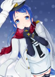 Rule 34 | 10s, 1boy, 1girl, 2016, admiral (kancolle), black thighhighs, blue eyes, blue hair, blush, borrowed clothes, breath, buttons, cowboy shot, dated, elbow gloves, gecotan, gloves, gradient hair, hat, jacket, jacket on shoulders, kantai collection, long hair, looking at viewer, military, military uniform, multicolored hair, naval uniform, peaked cap, red scarf, samidare (kancolle), scarf, school uniform, serafuku, shirt, sleeveless, sleeveless shirt, smile, snow, solo focus, swept bangs, thighhighs, uniform, very long hair, zettai ryouiki