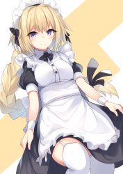 Rule 34 | 1girl, alternate costume, apron, bad id, bad pixiv id, black bow, black bowtie, black ribbon, blonde hair, bow, bowtie, braid, breasts, buttons, commentary, dress, enmaided, fate/apocrypha, fate/grand order, fate (series), garter straps, gradient hair, hair bow, hair ribbon, highres, jeanne d&#039;arc (fate), jeanne d&#039;arc (ruler) (fate), long braid, long hair, looking at viewer, maid, maid headdress, medium breasts, multicolored hair, otokuyou, puffy short sleeves, puffy sleeves, purple eyes, ribbon, short sleeves, single braid, skirt hold, smile, solo, standing, thighhighs, two-tone background, very long hair, white apron, white thighhighs, wing collar, wrist cuffs