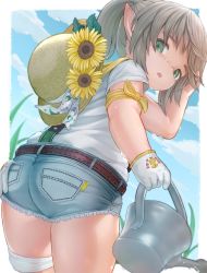 Rule 34 | 1girl, arm up, ass, belt, brown hair, cloud, cutoffs, denim, denim shorts, ell, final fantasy, final fantasy xiv, flower, freckles, from behind, gloves, green eyes, hand in own hair, hat, hat flower, unworn headwear, highres, lalafell, long hair, looking back, open mouth, outdoors, pointy ears, ponytail, shirt, short shorts, short sleeves, shorts, sky, solo, sun hat, sunflower, thigh strap, thighs, warrior of light (ff14), watering can, white gloves, white shirt