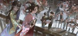 Rule 34 | 2boys, 2girls, absurdres, ace attorney, black hair, book, character request, cherry blossoms, highres, holding hands, japanese clothes, kimono, liyuliyuzhou, long hair, multiple boys, multiple girls, stairs, the great ace attorney, walking