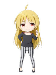 Rule 34 | 1girl, ahoge, black footwear, black shirt, blonde hair, bocchi the rock!, closed mouth, collarbone, full body, grey pants, hand on own hip, hand up, highres, ijichi seika, kuena, long hair, long sleeves, pants, parted bangs, red eyes, shirt, shoes, simple background, smile, solo, standing, striped clothes, striped pants, vertical-striped clothes, vertical-striped pants, very long hair, white background
