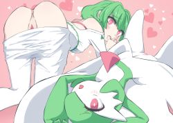 Rule 34 | 2girls, all fours, anus, arms up, ass, bare shoulders, blush, bob cut, bright pupils, clitoral hood, colored skin, covered erect nipples, covering own mouth, creatures (company), female focus, flat chest, from behind, game freak, gardevoir, gen 3 pokemon, green hair, green skin, hair over one eye, hand up, heart, heart background, highres, knees up, leggings, leggings pull, long sleeves, looking at viewer, looking back, lying, m3 (gardevoir m3), multicolored skin, multiple girls, nintendo, off-shoulder shirt, off shoulder, on back, one eye covered, open mouth, original, pink background, pokemon, pokemon (creature), pussy, pussy peek, red eyes, shirt, short hair, sidelocks, spread legs, two-tone skin, uncensored, white leggings, white pupils, white shirt, white skin