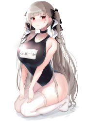 Rule 34 | 1girl, azur lane, bare arms, bare shoulders, black choker, black one-piece swimsuit, black ribbon, blunt bangs, blush, bow, breasts, choker, closed mouth, collarbone, formidable (azur lane), frown, full body, grey hair, groin, hair bow, hands on own thighs, highres, kneeling, large breasts, long hair, looking at viewer, name tag, nephthys2356, one-piece swimsuit, red eyes, ribbon, school swimsuit, shadow, simple background, solo, swimsuit, thighhighs, thighs, tiptoes, twintails, two-tone ribbon, very long hair, wet, white background, white ribbon, white thighhighs