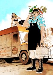 Rule 34 | 1boy, 1girl, apron, arisa (crazy food truck), boots, breasts, carrying over shoulder, cleavage, crazy food truck, cup, dark skin, eating, facial hair, food, glasses, gordon goliath, medium breasts, motor vehicle, mustache, official art, ogaki rokurou, outdoors, sandwich, short shorts, shorts, sitting, standing, van