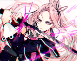 Rule 34 | 1girl, black shirt, blocking, forehead, forever 7th capital, hair intakes, high ponytail, holding, holding sword, holding weapon, kachigo (forever 7th capital), katana, long hair, long sleeves, looking at viewer, neckerchief, one-hour drawing challenge, open mouth, pink eyes, pink hair, pink neckerchief, sapphire (nine), shirt, simple background, solo, sword, very long hair, weapon, white background
