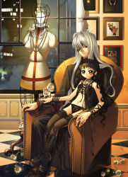 Rule 34 | age difference, bad id, bad pixiv id, black hair, boots, eyepatch, flower, goth fashion, gothic lolita, green eyes, hyougo kikusuimaru, indoors, jewelry, lingerie, lolita fashion, long hair, mannequin, necklace, panties, red eyes, room, silver hair, sitting, sitting on lap, sitting on person, skull, thighhighs, underwear