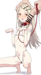 Rule 34 | 1boy, 1girl, animal collar, blonde hair, breasts, bruise, clearite, clitoris, collar, gakuen idolmaster, hair ornament, hairclip, highres, holding, holding another&#039;s head, holding leash, idolmaster, injury, leash, long hair, microphone, navel, penis, pet play, pussy, ryona, shinosawa hiro, simple background, small breasts, squatting, white background, yellow eyes