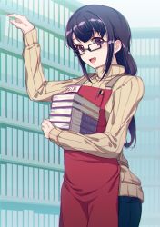 Rule 34 | 1girl, 40hara, :d, apron, arm up, black-framed eyewear, book, book stack, bookshelf, breast pocket, commentary request, cowboy shot, denim, glasses, highres, holding, holding book, indoors, iya na kao sare nagara opantsu misete moraitai, jeans, library, long hair, long sleeves, looking at viewer, name tag, open mouth, original, pants, pen, pocket, purple eyes, purple hair, red apron, sidelocks, smile, solo, sweater, turtleneck, turtleneck sweater