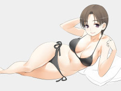 Rule 34 | 1girl, arm support, bare shoulders, bikini, breasts, brown hair, cleavage, curvy, large breasts, lying, mature female, mole, mole under mouth, nora higuma, on side, original, pillow, short hair, side-tie bikini bottom, solo, swimsuit