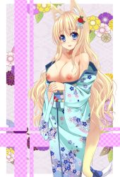 Rule 34 | 1girl, animal ear fluff, animal ears, bare shoulders, blonde hair, blue eyes, blush, bow, breasts, breasts out, cleavage, collarbone, floral background, floral print, fox ears, fox tail, hair ornament, highres, japanese clothes, kimono, large breasts, long hair, looking at viewer, nipples, obi, off shoulder, open mouth, original, sash, sogaya, solo, tail, tareme, very long hair