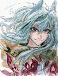 Rule 34 | 1boy, absurdres, animal ears, blue hair, cape, commentary request, fangs, hair between eyes, highres, long hair, looking at viewer, male focus, minarai tenna, original, red eyes, smile, solo, torn clothes, traditional media, upper body, v-shaped eyebrows, wolf ears