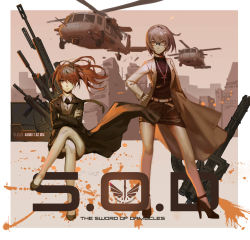Rule 34 | 2girls, absurdres, aircraft, assault rifle, battle rifle, belt, black-framed eyewear, black coat, black footwear, black necktie, black skirt, black soldier, brown eyes, brown hair, building, closed mouth, coat, collared shirt, cross, cross necklace, crossed arms, crossed legs, dress shirt, gatling gun, glasses, gun, hair between eyes, hair over one eye, hand on own hip, helicopter, high heels, highres, jewelry, legs, light purple hair, long hair, long sleeves, looking at viewer, multiple girls, necklace, necktie, one eye closed, open clothes, open coat, original, rifle, shirt, shoes, short hair, sitting, skirt, spread legs, sweater, turtleneck, twintails, vest, weapon, white shirt