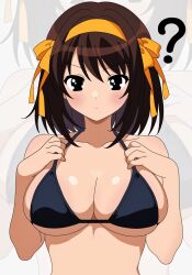 1girl ? alternate_breast_size bare_shoulders bikini black_bikini bow breasts brown_eyes brown_hair commentary english_commentary hair_bow hair_ornament hairband highres large_breasts looking_at_breasts orange_hairband simple_background solo suzumiya_haruhi suzumiya_haruhi_no_yuuutsu swimsuit upper_body white_background yuiyu_ki