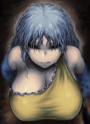 Rule 34 | 1girl, angry, arm at side, bare shoulders, breasts, cleavage, clenched teeth, commentary request, detached sleeves, dress, eyelashes, eyes visible through hair, fang, grey hair, half-closed eyes, hand on own hip, huge breasts, leaning forward, long hair, looking at viewer, mature female, parted lips, red eyes, sakata nemuno, single strap, solo, taut clothes, taut dress, teeth, touhou, upper body, wavy hair, yellow dress, yuugatou (yuuzutu)