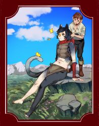 Rule 34 | 1boy, 1girl, animal ears, animal on tail, arm guards, armor, bare legs, bare shoulders, barefoot, belly, black hair, blue sky, body fur, border, boulder, brown eyes, brown hair, brown skirt, bug, butterfly, butterfly on nose, cat ears, cat girl, cat tail, chilchuck tims, closed mouth, collared shirt, commentary, crop top, day, dungeon meshi, english commentary, frown, full body, hair tie in mouth, halfling, height difference, highres, insect, izutsumi, japanese armor, leaning forward, leather armor, midriff, mikeyyangel0, mountainous horizon, mouth hold, nature, navel, outdoors, red scarf, scarf, shirt, short hair, sitting, skirt, sky, sleeveless, standing, tail, tying another&#039;s hair, tying hair, white shirt, yellow butterfly