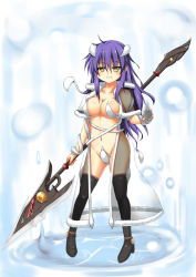 Rule 34 | 1girl, boots, breasts, capelet, cleavage, groin, highres, horns, hoshizuki (seigetsu), long hair, navel, pixiv fantasia, pixiv fantasia new world, polearm, purple hair, see-through, semi-transparent, smile, solo, spear, weapon, yellow eyes