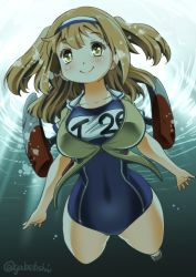 Rule 34 | breasts, brown eyes, bubble, clothes writing, hairband, highres, i-26 (kancolle), kantai collection, large breasts, light brown hair, long hair, looking at viewer, machinery, name tag, new school swimsuit, one-piece swimsuit, open clothes, rigging, sailor collar, school swimsuit, short sleeves, smile, sogabe toshinori, solo, swimsuit, swimsuit under clothes, two-tone hairband, two side up, underwater