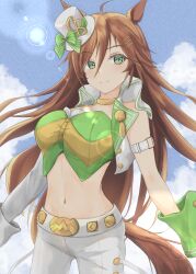 Rule 34 | 1girl, animal ears, arm strap, blue eyes, blue sky, bow, breasts, brown hair, choker, cloud, commentary request, cowboy shot, crop top, day, ear ornament, green bow, green shirt, hair between eyes, hat, hat bow, highres, horse ears, horse girl, horse tail, jacket, large breasts, long hair, long sleeves, looking at viewer, midriff, mini hat, mini top hat, monomothina, mr. c.b. (umamusume), navel, open clothes, open jacket, outdoors, pants, partial commentary, shirt, single sleeve, sky, smile, solo, standing, stomach, strapless, strapless shirt, tail, top hat, umamusume, very long hair, white hat, white jacket, white pants, yellow choker