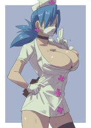 Rule 34 | 1girl, blue background, blue hair, breasts, choker, cleavage, cowboy shot, earrings, eyepatch, gloves, hair over one eye, hand on own hip, hat, highres, jewelry, large breasts, latex, latex gloves, mask, mouth mask, nurse cap, otu 025, ponytail, pouch, skullgirls, solo, surgical mask, sweat, valentine (skullgirls)