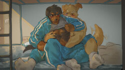 Rule 34 | 2boys, abs, bara, between legs, blush, bulge, dog boy, dogephalus, furry, furry male, furry with furry, hand in pants, highres, male focus, multiple boys, muscular, muscular male, navel hair, on bed, original, pants, short hair, sitting, socks, tail, tail wagging, thick eyebrows, track pants, underpec, v-shaped eyebrows, yaoi