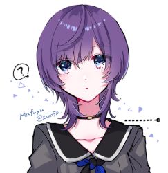 Rule 34 | ?, alternate hair length, alternate hairstyle, asahina mafuyu, blue eyes, character name, choker, collarbone, commentary request, cut-here line, highres, project sekai, purple hair, ribbon, school uniform, scissors, short hair, toco5th, white background