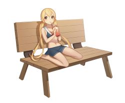 Rule 34 | 1girl, barefoot, bench, blonde hair, blue skirt, choyeon, crop top, cup, drinking, drinking straw, dungeon and fighter, grey eyes, hair between eyes, highres, holding, long hair, looking at viewer, low twintails, midriff, navel, pointy ears, sailor collar, simple background, sitting, skirt, smoothie, solo, twintails, very long hair, white background