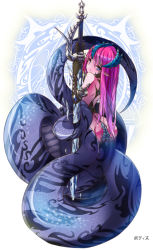 Rule 34 | 1girl, ars goetia, ass, back, black gloves, blue eyes, character name, elbow gloves, female focus, from behind, gloves, horns, huge weapon, lamia, long hair, looking back, monster girl, original, pink hair, pointy ears, solo, sud (sudea), sword, weapon, white background
