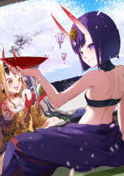 Rule 34 | 2girls, absurdres, bare shoulders, blonde hair, blue sky, breasts, cherry blossoms, cup, eyeliner, facial mark, fate/grand order, fate (series), forehead, forehead mark, grin, hair pulled back, headpiece, highres, horns, ibaraki douji (fate), japanese clothes, kimono, long hair, long sleeves, looking at viewer, looking back, makeup, multiple girls, off shoulder, oni, open mouth, purple eyes, purple hair, purple kimono, sakazuki, sash, short hair, shuten douji (fate), skin-covered horns, sky, small breasts, smile, tattoo, terasako, tree, wide sleeves, yellow eyes, yellow kimono