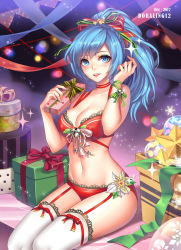 Rule 34 | 1girl, arms up, artist name, bare shoulders, bell, bikini, blue hair, borrowed character, bow, box, breasts, choker, christmas, cleavage, commission, dated, freckles, garter straps, gift, gift box, green ribbon, hair ribbon, holding, holding gift, indoors, ling (doraling12), long hair, looking at viewer, medium breasts, navel, original, red bikini, red bow, red choker, ribbon, smile, solo, sparkle, stomach, swimsuit, thighhighs, white thighhighs