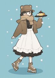 Rule 34 | 1girl, animal hat, apron, aqua background, baseball cap, bear hat, black dress, black eyes, black hair, blush, brown footwear, brown hat, brown jacket, brown scarf, cherry, commentary request, covered mouth, crop top, cropped jacket, dress, food, frilled apron, frills, fruit, full body, hand up, hat, high-waist dress, highres, holding, holding plate, ice skates, jacket, long sleeves, looking at viewer, maid apron, nahara saki, open clothes, open jacket, orange (fruit), original, plate, pudding, scarf, short hair, simple background, skates, solo, standing, white apron