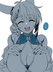 Rule 34 | 1girl, ^ ^, animal ears, antenna hair, arknights, blue nails, breast focus, breasts, cleavage, closed eyes, dress, ear ornament, highres, kroos (arknights), kroos the keen glint (along the corridor) (arknights), kroos the keen glint (arknights), large breasts, looking at viewer, nail polish, official alternate costume, open mouth, rabbit ears, rabbit girl, simple background, solo, speech bubble, spot color, teeth, upper body, upper teeth only, white background, yukataro