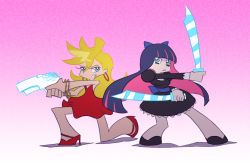 Rule 34 | 10s, 2girls, aqua eyes, back lace, black dress, blonde hair, blue eyes, dress, dual wielding, gun, high heels, holding, jewelry, multicolored hair, multiple girls, panty &amp; stocking with garterbelt, panty (psg), red dress, shoes, short dress, simple background, stocking (psg), stripes i &amp; ii, two-tone hair, weapon