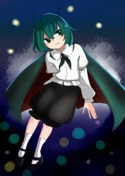 Rule 34 | 1girl, androgynous, antennae, black cape, black footwear, black shorts, blush, bokudrybone, cape, closed mouth, collared shirt, commentary request, fireflies, full body, green eyes, green hair, highres, long sleeves, looking to the side, red cape, red footwear, shirt, short hair, shorts, smile, socks, solo, touhou, two-sided cape, two-sided fabric, white shirt, white socks, wriggle nightbug