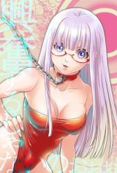 Rule 34 | 1girl, bare shoulders, breasts, chain, cleavage, collar, gintama, glasses, hand on own hip, hip focus, inobori kaeru, itou kaeru, large breasts, leash, leotard, long hair, open mouth, red leotard, sarutobi ayame, shirt, silver hair, skin tight, solo, taut clothes, taut shirt, viewer holding leash