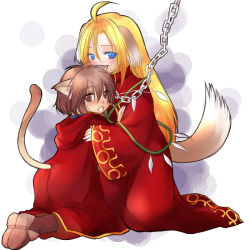 2boys ahat_(ragnarok_online) ahoge animal_collar animal_ear_fluff animal_ears blonde_hair blue_eyes blue_shirt blush boots brown_eyes brown_footwear brown_hair brown_pants cat_boy cat_ears cat_tail chain cheshire_(ragnarok_online) cloak collar commentary_request dog_boy dog_ears dog_tail full_body hair_between_eyes kemonomimi_mode kneeling long_hair looking_at_viewer male_focus manoji medium_hair multiple_boys open_mouth pants ragnarok_online red_cloak red_robe robe shirt tail