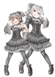 Rule 34 | 2girls, :d, akagi miria, black hair, black legwear, breasts, cosplay, full body, gothic lolita, highres, idolmaster, idolmaster cinderella girls, kanzaki ranko, kanzaki ranko (cosplay), lolita fashion, long hair, matching outfits, multiple girls, open mouth, pantyhose, regular mow, short hair, silver hair, simple background, small breasts, smile, twintails, two side up